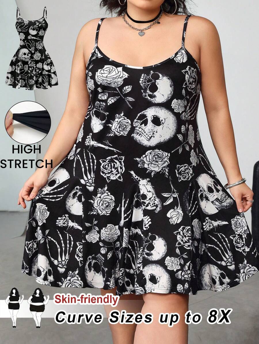 SHEIN CURVE+ Casual Minimalist Skeleton Print Sleeveless A-Line Hem Summer Mini Dress, Black & White Skeleton Graphic Music Festival Dress - Black and White - View 1