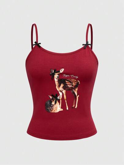 Kawaii Cute Retro Realistic Deer Print With Bowknot Decor Suspenders