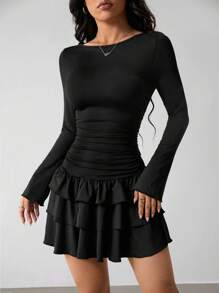 SHEIN PETITE 女士优雅纯色荷叶边下摆黑色长袖连衣裙