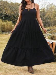 SHEIN LUNE Plus Size Women Sleeveless Black Adjustable Backless Cinched Waist Waist Casual Vacation Dress