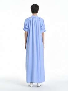 SHEIN Clasi Women's Elegant Casual Commuting Vacation Solid Color Mid-High Collar Raglan Sleeve Loose Side Slit Long Dress, Spring/Summer - Baby Blue - View 2