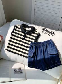 SHEIN 2 件装男婴休闲条纹针织领 Polo 衫和短裤套装，夏季 - 彩色 - 查看 3