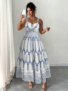 Elenzga 大码女式浪漫花卉印花飘逸连衣裙、度假连衣裙 - 藍白色 - 查看 1