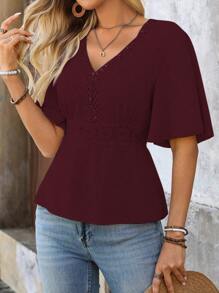 SHEIN Clasi Women's Lace Patchwork Waist Vacation Shirt - Burgundy - View 6