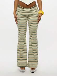 SUMWON WOMEN 翻边腰喇叭裤 Y2K 复古条纹针织裤喇叭裤舞蹈瑜伽阔腿节夏季沙滩裤 - 彩色 - 查看 1