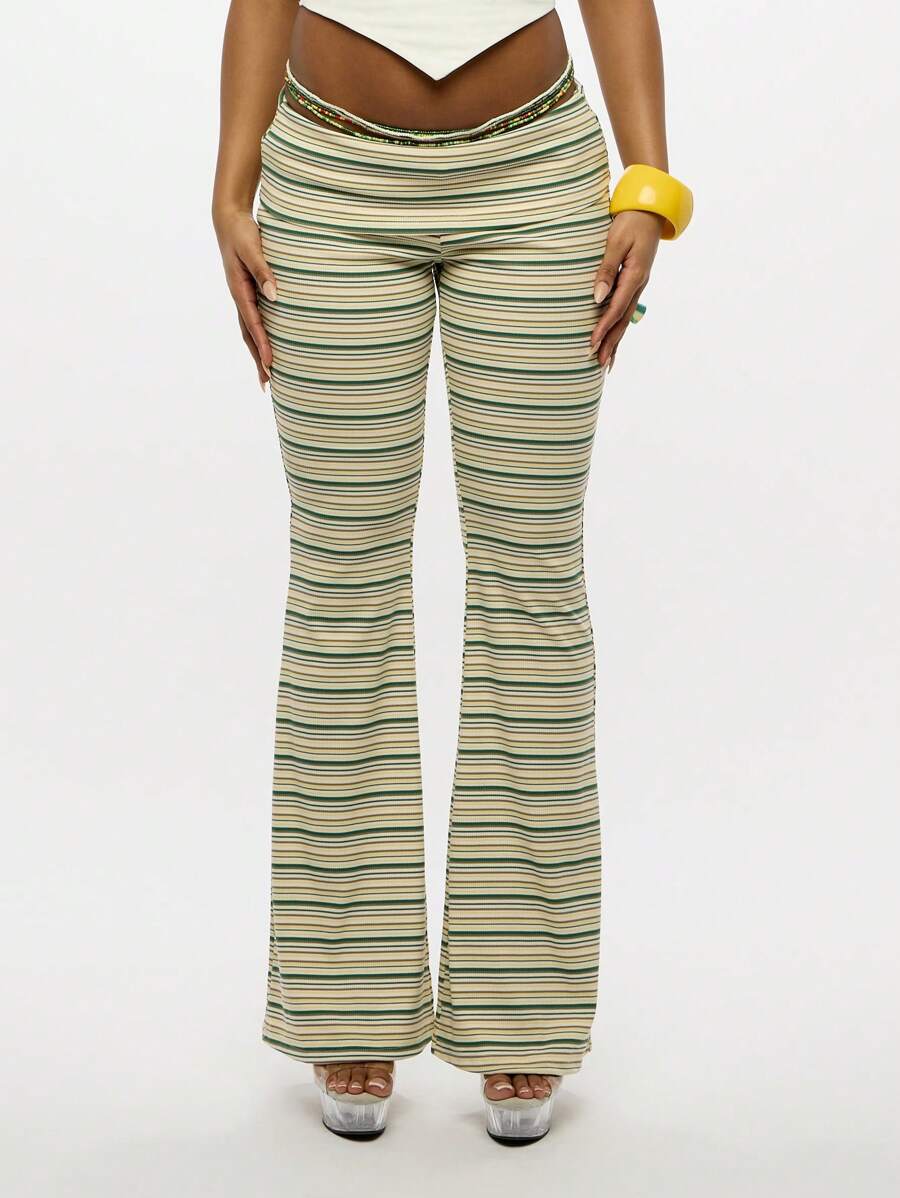 SUMWON WOMEN 翻边腰喇叭裤 Y2K 复古条纹针织裤喇叭裤舞蹈瑜伽阔腿节夏季沙滩裤 - 彩色 - 查看 1