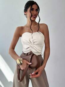 Firerie Camolă din fibră de bambus, fără mâneci, încrucișată, cu detaliu texturat, elegant pentru navetiști, top cu tub Design Sense, potrivit pentru vacanță, întâlnire, petrecere, înapoi la școală, nuntă, festival de muzică - Caisă - Vizualizare 5