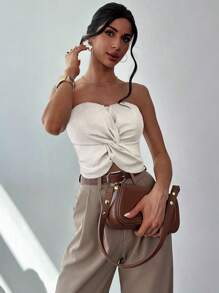 Firerie Camolă din fibră de bambus, fără mâneci, încrucișată, cu detaliu texturat, elegant pentru navetiști, top cu tub Design Sense, potrivit pentru vacanță, întâlnire, petrecere, înapoi la școală, nuntă, festival de muzică - Caisă - Vizualizare 6