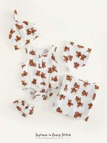 Cozy Pixies Babyflickor 5-delars set: Body med tecknad björnmönster, mössa, vantar, filt, haklapp, presentask - Vitt - Visa 8