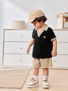 Cozy Pixies 2pcs Baby Boy Set: Ornate Decoration Colorblock Collar Short Sleeve Polo Shirt & Solid Color Elastic Waist Shorts