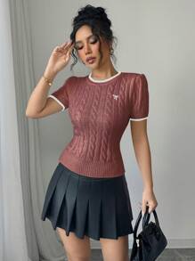 Elenzga Women's Crew Neck Bow Embroidery Short Sleeve Knit Top - Redwood - View 5