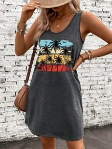 SHEIN LUNE Semplice vestito estivo casual con stampa di palme, adatto per le vacanze