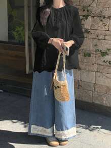 FRIFUL Women's White Embroidered Tie Collar Ruffle Blouse, Mori Girl Style For Spring/Summer Outwear Long Sleeve Top - Black - View 5