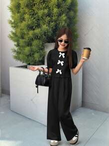 SHEIN Nova Glow Tween Girl 休闲时尚圆领泡泡短袖上衣和长裤套装 - 黑色 - 查看 6