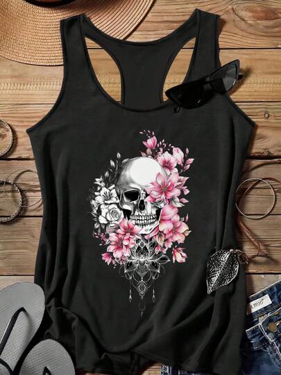 EMERY ROSE Casual Floral & Skull Pattern Fitted Round Neck Crisscross Back Tank Top, Women Plus Size For Summer Back To School,Flower/Vacation/Spring
