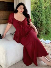 Dazy Plus Đầm maxi dự tiệc màu đỏ Giáng sinh xếp nếp, xẻ tà, cỡ lớn dành cho nữ, thích hợp cho kỳ nghỉ. - Đỏ - Xem 4