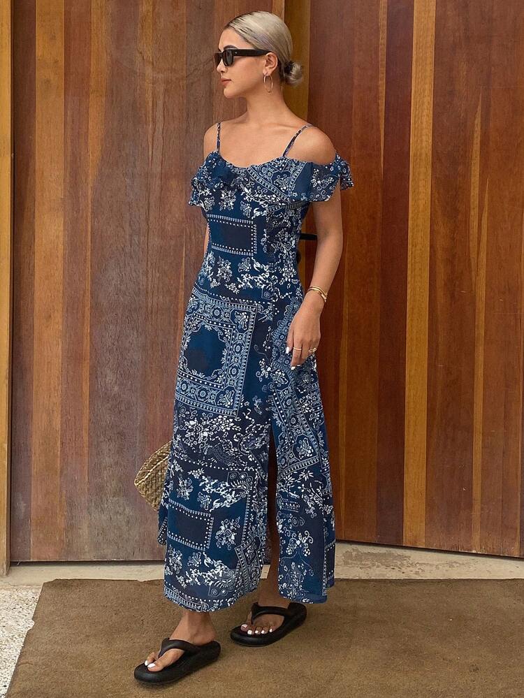 Women's Bohemian Style Butterfly & Cashew Floral Print Chiffon Off Shoulder Sleeveless Dress, Summer Casual Sexy Loose Long Dress,Ruffle Vacation Cruise Outfit For Women Boho