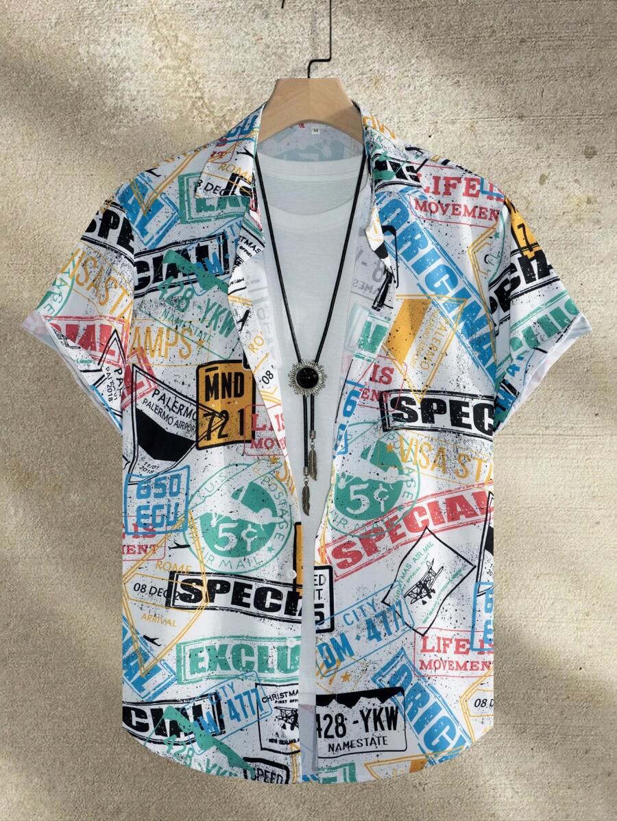 Manfinity RSRT Men's Front Button Short Sleeve Letter Print Casual Shirt Shirts Street Wear - Multicolor - View 1