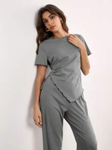 女士简约不对称设计褶皱荷叶边下摆家居服套装 - 灰色 - 查看 3