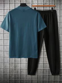 Manfinity Homme 2pcs Men's Casual Printed Short Sleeve T-Shirt And Pants Set - Blue - View 4