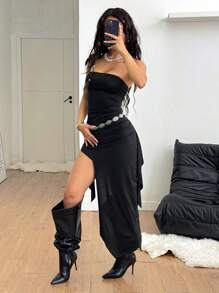 Coolane 女士夏季街头服饰 Y2K 俱乐部服装性感音乐会音乐节无袖不对称连衣裙 - 黑色 - 查看 5