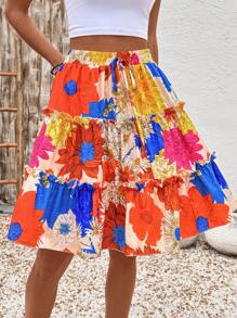 Breezaya Floral Print Ruched Layered Skirt, Summer Vacation - Multicolor - View 4