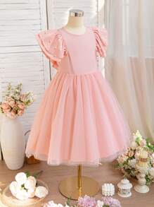 SHEIN Glamorique Kids Vestido de niña con mangas de malla con cuentas de perlas, el diseño de perlas se ve noble y elegante, adecuado para fiestas, reuniones y varias ocasiones, mostrando una noble gracia
