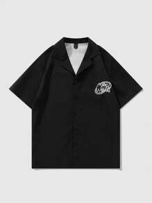 ROMWE MEN Winx Club X ROMWE Men's Portrait Printed Button Up Short Sleeve Shirt - Black - View 2