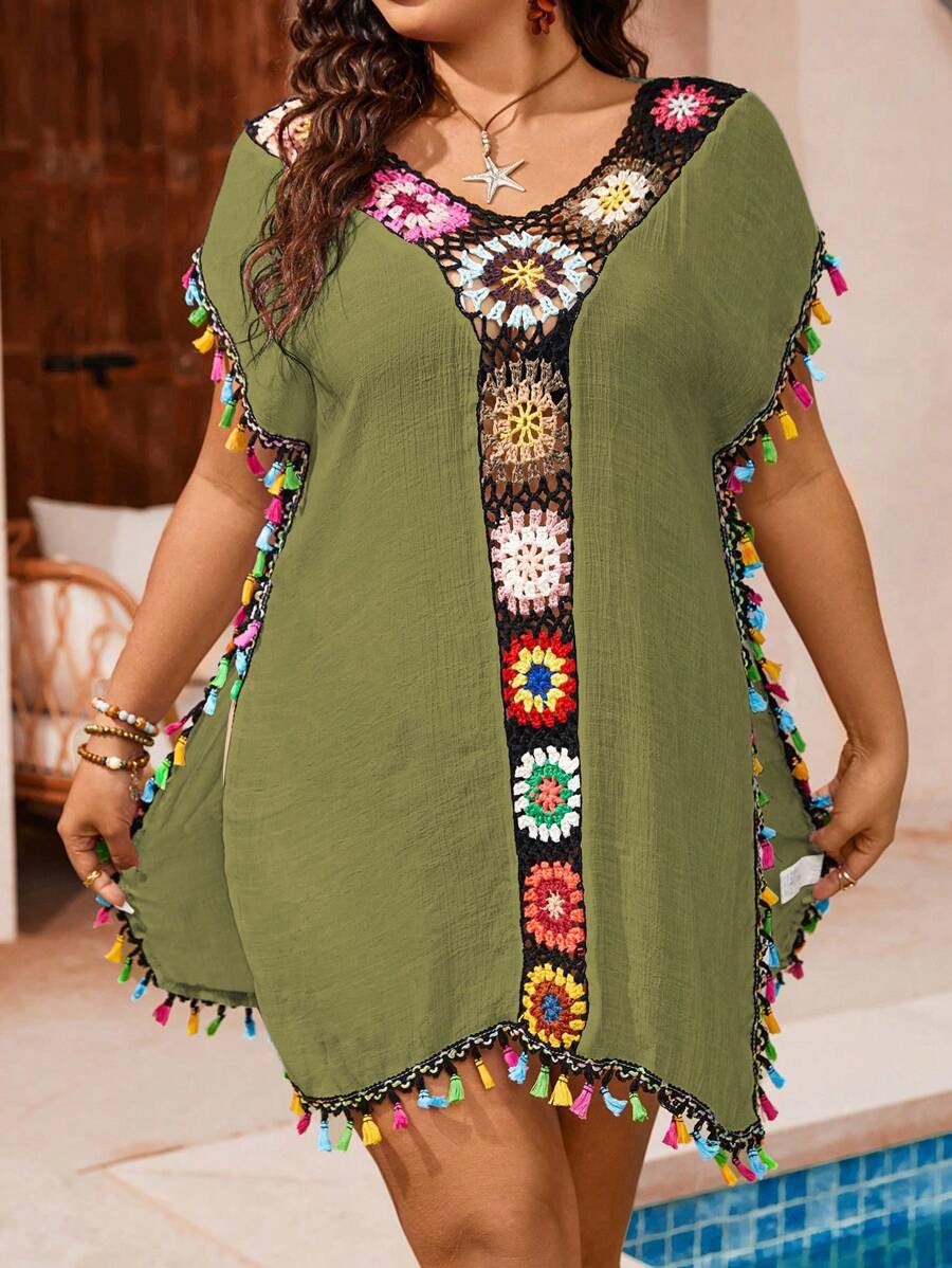 Swim Lushoire Plus Size Women Crochet Patchwork Cover Up For Beach, Vacation - Army Green - View 1
