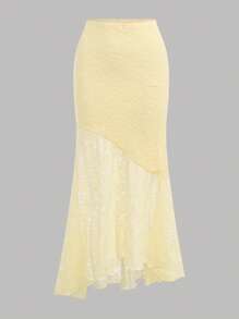 Girlism 2pcs/Set TEENGIRL Resort & Wedding Lace Asymmetric Hem Top And Low Waist Fishtail Ruffle Asymmetrical Hem Skirt, Elegant Wedding Outfit