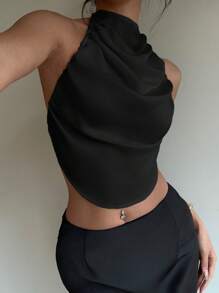 Aloruh 露背挂脖式奢华缎面女式背心 - 黑色 - 查看 3