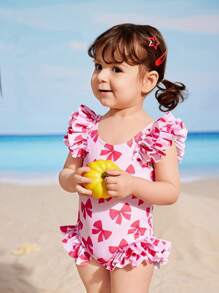 Baby Girl Cute Bow Decor & Ruffle Edge Printed Swimsuit - Pink - View 5