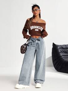 SHEIN PETITE 女士高腰阔腿牛仔裤，蓝色 - 淺色水洗藍 - 查看 4