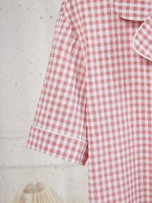Set de 2 piezas con top de manga corta y shorts en estampado a cuadros de burbujas rosas, de estilo casual y elegante para mujer