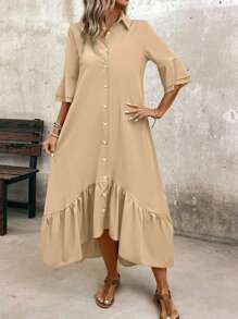 SHEIN LUNE Women's Summer Solid Color Double-Layered Ruffled Sleeve Long Shirt Dress With Ruffled Hem, Casual Maxi Women Outfit - Khaki - View 5