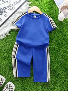 SHEIN 2pcs/Set Baju Bayi Laki-laki/Perempuan Kasual Lucu dengan Motif Grafis, Atasan Sweater Rajut Longgar Bahu Jatuh dan Celana Rajut Pinggang Elastis Warna Kontras dengan Tali Serut, Cocok untuk Dipakai di Musim Semi/Panas - Biru - View 4