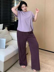 Dazy Plus Plus Size Women Solid Color Round Neck Loose Short Sleeve Top & Pants Pajama Set, Loungewear For All Seasons, Purple Pajama, Outfits - Purple - View 8