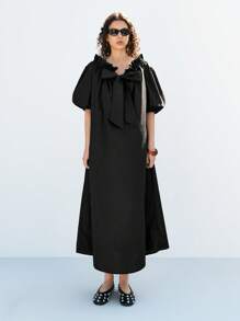 LYSMO 女士夏季时尚纯色露肩灯笼袖长裙 - 黑色 - 查看 6