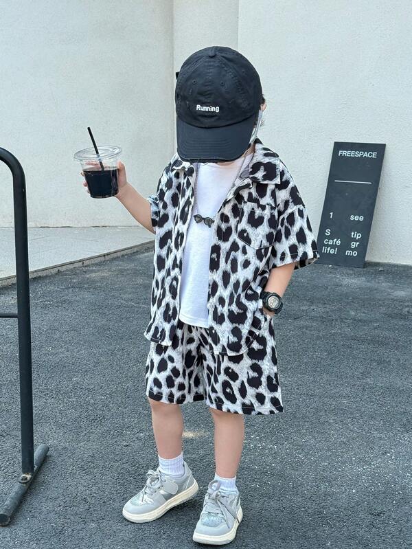 SHEIN 2 Pieces Young Boy Casual Sports Leopard Print Shirt And Shorts Set, Suitable For Commuting, School, Daily Leisure, Vacation, Travel, Sports, Kids Outfits, Young Boy Clothes, School Boy Set, Boys Outfits, Family Matching Outfits, Birthday Party, Suitable For Daily, School, Sports, Spring And Summer Season