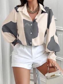 Calvaya Camicia elegante con maniche lunghe, stampa casuale, bottoni davanti, disponibile in taglie forti