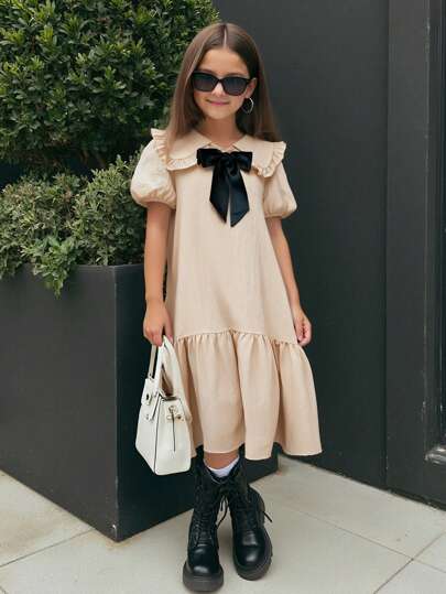 SHEIN Nova Glow Tween 女童可爱休闲泡泡袖彼得潘领拼接连衣裙，领口饰有蝴蝶结