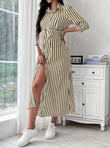 SHEIN 孕妇休闲条纹印花长袖衬衫裙孕妇装 - 棕色 - 查看 3