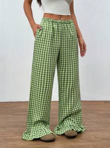 Flirla Women's Casual Green Plaid Linen Patchwork Ruched Hem Low-Waisted Side Pockets Straight Loose Pants, Minimalist Elegant Design For Spring/Summer Fall Cloth For Women