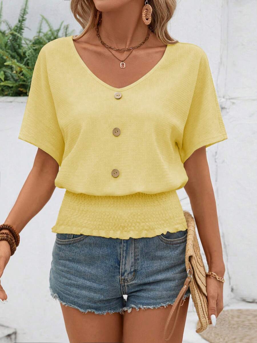 SHEIN LUNE Camisa de mujer de manga corta con botones y dobladillo recogido, de estilo casual para el verano - Amarillo - Ver 1