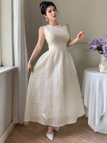 DAZY Summer Casual Elegant Faux Pearl 3D Decor Lace Jacquard Midi Slip Dress With High-End Feminine Vibe For Women,Dress For Wedding