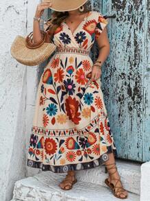 SHEIN VCAY Plus Size Women's Apricot Floral Print V-Neck Dress, Waisted Sleeveless A-Line Dress, Mother's Day Dress, Summer Outfits For Women, Beach, Summer Clothes For Women, Bohemian Women's Clothing, Sundress Summer Boho Women's Clothing Brunch Outfits For Women Airport Outfit For Women Beach Vacation Outfits City Break Outfits Holiday Outfits - Apricot - View 3