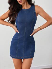 SHEIN Tall فستان مصغر من الجينز للنساء، كاجوال ضيق اللياقة البدنية أزرق بدون أكمام