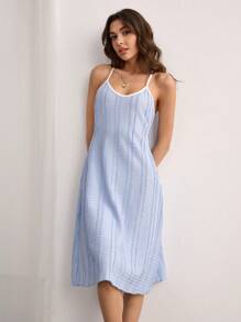 SHEIN 女士休闲纹理提花细肩带无袖宽松连衣裙睡袍