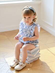 Souflis Souflis Baby Girl Sweet Fresh Ditsy Floral Print Lace Hem Bodysuit, Country Style Suitable For Summer
