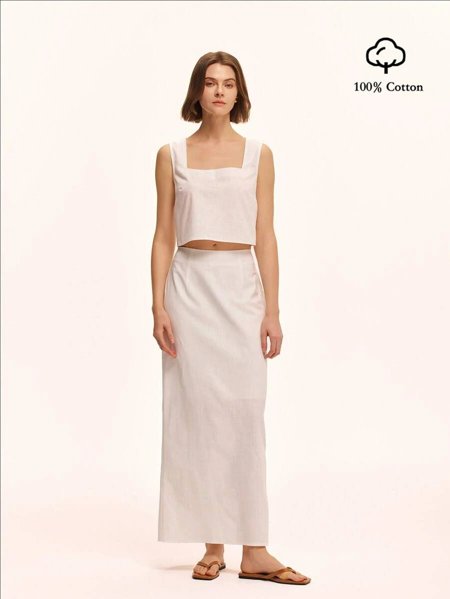 SHEIN Unity 2 件套:方领棉质无袖背心和裙子,休闲家居服和节日装,春夏新品 - 白色 - 查看 1